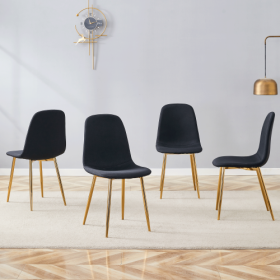 Luxury Simple Chair - Set Of 4 BLACK Linen-Cotton Material High Resilience Dining Chair With Metal Golden Leg.Integral Metal Leg Architecture,Suitable