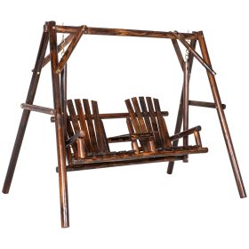 Adirondack Swing Chair Outdoor 2-Seat Freestanding Solid Wood With Center Table Carbonized