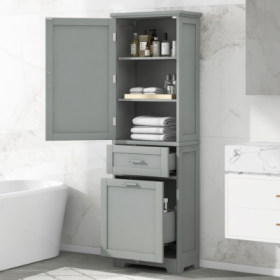Tall Bathroom Storage Cabinet, Freestanding Storage Cabinet With Two Different Size Drawers And Adjustable Shelf, MDF Board With Painted Finish,