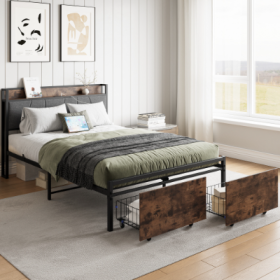 Full Size Bed Frame, Storage Headboard With Charging Station And 2 Storage Drawers,Vintage Brown And Gray