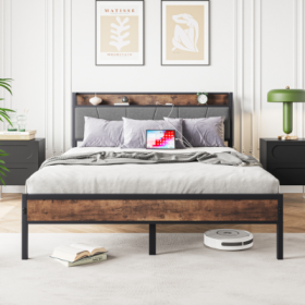 Queen Size Bed Frame, Storage Headboard With Charging Station, Solid And Stable, No Box Spring Needed, Easy Assembly, Vintage Brown And Gray