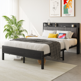Full Size Bed Frame, Storage Headboard With Charging Station, Solid And Stable, No Box Spring Needed, Easy Assembly