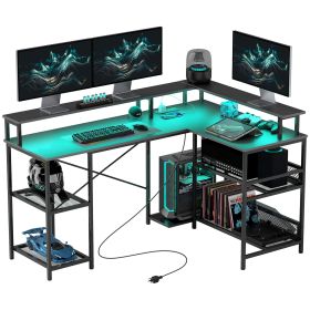 HOMCOM 59" L Shaped Desk with Storage, Corner Desk with LED Lights and Power Outlets for Home Office, Small Space, Black