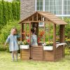 Kids Wooden Playhouse, Outdoor Garden Games Cottage with Working Door, Windows, Flowers Pot Holder, 47" x 38" x 54"
