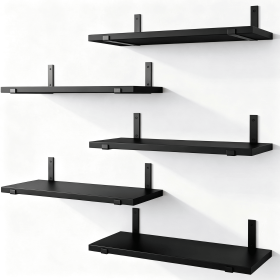 5-Tier Floating Shelves Wall Mounted, Black Wood Wall Shelves Set of 5 Same Size, Rustic Storage Shelf with Metal Brackets for Bedroom, Living Room