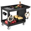 Utility Cart, 550 lbs Capacity, 2 Tier Service Cart with 360° Swivel & Fixed Wheels (2 with Brakes), Heavy Duty Plastic Rolling with Tray and Pegboard