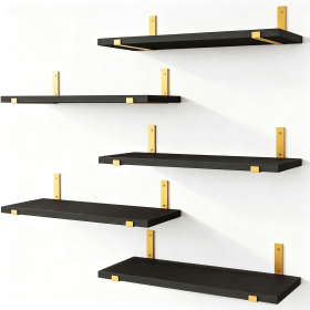 5 Pack Black Floating Shelves with Gold Brackets, Paulownia Wood Wall Mounted Shelves