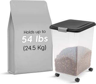 Airtight Dog Food Storage Container, Up to 54 lbs, Attachable Wheels, For Dog Cat Bird and Other Pet Food Storage Bin, Keep Fresh, Translucent Body