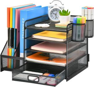 5-Tier Desk Organizer with File Holder, Paper Letter Tray Organizer with Drawer and 2 Pen Holders.