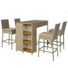 5 Piece Wicker Outdoor Bar Set, Acacia Wood Outdoor High Top Table and Chairs with 3 Tier Shelves, Cushions, Brown