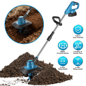 Cordless Tiller Cultivator,800W Electric Cordless Tiller Cultivator, 21V Battery Powered Soil Tiller with 6.69" Depth 8.66" Width