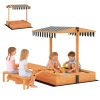 Kids Sandbox with Lid, Wooden Sand Pit with Canopy, Foldable Picnic Table, Bench Seats, Bottom Liner, Cover, Brown