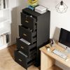 Vertical four drawer file cabinet with storage space.