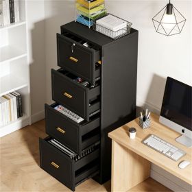 Vertical four drawer file cabinet with storage space.