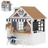 Outdoor Playhouse, Wooden Kids Playhouse with Dog Door, Cookware, Blackboard, Bench, Doorbell for Ages 2+