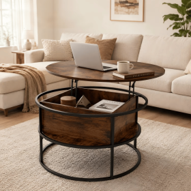 Lift-Top CoffeeTableRound CenterTablewith Hidden CompartmentStorageShelfforLiving Room, Rustic Brown