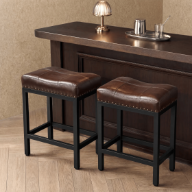 24 Inch Saddle Bar Stool Set of 2 PU Leather Counter Stools with Steel Frame and Footrest, Brown