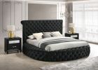 Unique Round Plush Black Velvet Button-Tufted Detailing Storage Bed King Size Black 2x Nightstands Wooden Bedroom Furniture 3pc Set