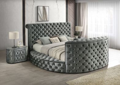 Luxurious King Size Bed Nightstand Deeply Tufted Headboard Nail Head Trim Upholstery Grey Velvet Footboard Integrated Television Lift Mechanism Built-