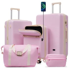 Luggage Sets 5 Piece with Half-opening, Hardside Carry On Suitcase Set with Double Spinner Wheel, Lightweight Travel Luggage with USB Port,TSA Locks