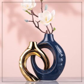Navy Blue Home Decor Ceramic Vase, Navy Blue Gold Round Vase with Holes Set of 2, Suitable for Wedding Entrance Decoration, Bookshelf, Mantel