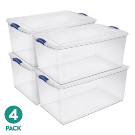 Extra-Large Latching Storage Bin, 105 Quart Clear Plastic Storage Container with Latch Lid, Blue, 4 Pack(Shipment from Walmart)