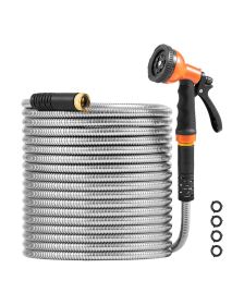 Metal Garden Hose 200 ft, Rust Proof Stainless Steel Water Hose, Heavy Duty Backyard Hose with 10 Function Nozzle, No-Kink & Flexible Water Pipe