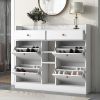 [VIDEO provided] ON-TREND Modern Tipping Bucket Shoe Cabinet with 4 Flip Drawers, Multifunctional 2-Tier Shoe Storage Organizer with Drawers