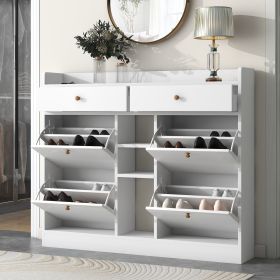 [VIDEO provided] ON-TREND Modern Tipping Bucket Shoe Cabinet with 4 Flip Drawers, Multifunctional 2-Tier Shoe Storage Organizer with Drawers