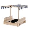Outsunny Wooden Kids Sandbox with Cover, Children Outdoor Sand Box with Foldable Bench Seats, Adjustable Canopy, Bottom Liner for Outdoor, Natural
