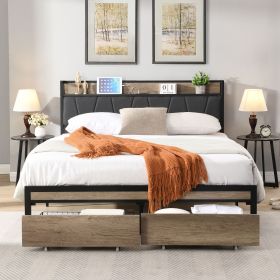 FULL Size Platform Bed; Frame, Headboard, USB LINER and Footboard with drawers, No Box Spring Needed. Mattress not included.