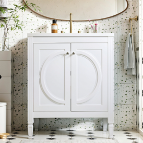 30 No Assembly Needed Vintage White Bathroom Vanity With Ceramic Sink,Two Soft Close Doors  Adjustable Shelf,Modern Farmhouse Style