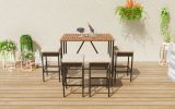 GO 5-Piece Outdoor Acacia Wood Bar Height Table And Four Stools With Cushions, Garden PE Rattan Wicker Dining Table, Foldable Tabletop