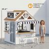 Outdoor Playhouse, Wooden Kids Playhouse with Dog Door, Cookware, Blackboard, Bench, Doorbell for Ages 2+