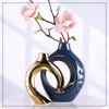 Navy Blue Home Decor Ceramic Vase, Navy Blue Gold Round Vase with Holes Set of 2, Suitable for Wedding Entrance Decoration, Bookshelf, Mantel