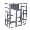 Super-Large Outdoor Cat Catio, Wooden Cat House Enclosure with Insulated Cat Condo, Sun Panel Roof, 4 Platforms, Extra Rainproof Cover, Gray