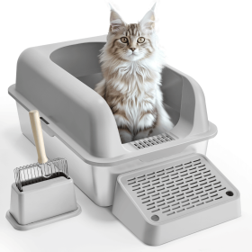 A 6-inch deep litter box with a 30L capacity, featuring a light gray open design, odor-free construction with a filter footplate, ideal for large cats