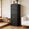 Vertical four drawer file cabinet with storage space.