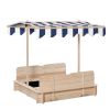 Outsunny Wooden Kids Sandbox with Cover, Children Outdoor Sand Box with Foldable Bench Seats, Adjustable Canopy, Bottom Liner for Outdoor, Natural