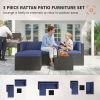 3 Piece Patio Furniture Set, Wicker Outdoor Patio Conversation Furniture Set with Cushions, Glass Top Table, Navy Blue