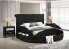 Unique Round Plush Black Velvet Button-Tufted Detailing Storage Bed Queen Size Black 2x Nightstands Wooden Bedroom Furniture 3pc Set