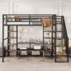 Full Size Metal Loft Bed with Staircase,Low Storage Table and Storage Shelves,Black