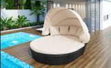 GO Outdoor rattan daybed sunbed with Retractable Canopy Wicker Furniture, Round Outdoor Sectional Sofa Set