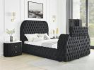 Luxurious Queen Size 3pc Bed Set Comfort Innovative Design Bed Deeply Tufted Headboard Upholstered Black Velvet Television Lift Built-in Electric Fire