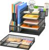5-Tier Desk Organizer with File Holder, Paper Letter Tray Organizer with Drawer and 2 Pen Holders.