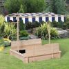 Outsunny Wooden Kids Sandbox with Cover, Children Outdoor Sand Box with Foldable Bench Seats, Adjustable Canopy, Bottom Liner for Outdoor, Natural