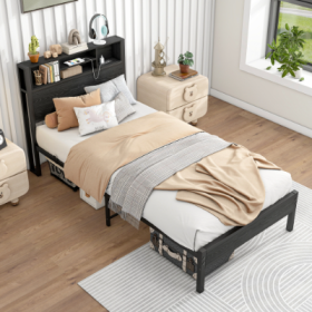 Twin Size Bed Frame With Storage Headboard, Metal Platform Bed With Charging Station, Bookcase Storage, No Box Spring Needed, Easy Assembly, Black