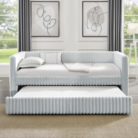 Twin Size Daybed, Upholstered Sofa Bed,The Bottom Pulls Out To Form A Bed ,Striped Corduroy Fabric- Beige 86x43.5x34 (Color: Light Grey)