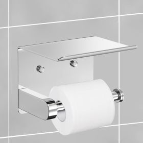 Self Adhesive Toilet Paper Holder with Phone Shelf Stainless Steel Wall Mounted Toilet Paper Roll Holder - Rustproof and Bathroom Washroom Tissue Roll (Color: Bright Surface)