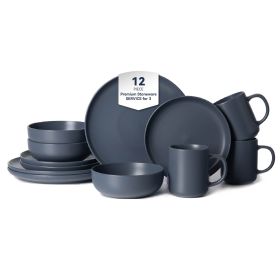 12-Piece Stoneware Dinnerware Sets with Mugs | Microwave & Dishwasher Safe | Non-Toxic Dinner Plates Bowls Set | Stackable Matte Glaze Kitchenware for (Main Color: Blue, Main Material: Stone)